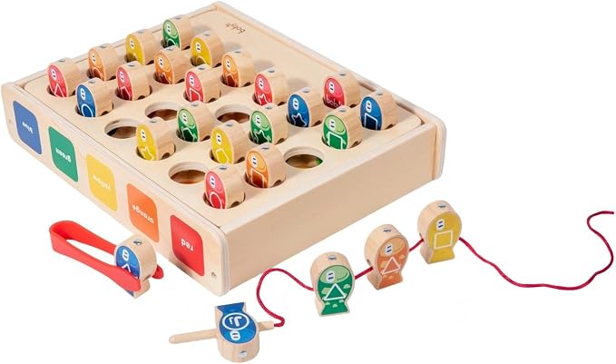 Montessori 6-in-1 Fishing Toys for Toddlers 3+, Wooden Magnetic Fish Game, Educational Preschool Learning Box—Fine Motor Skills, Color & Shape Sorter, Lacing Beads, Alphabet Matching Set for Kids