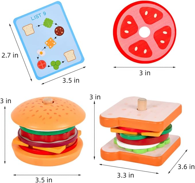 Wooden Burger Sandwich Stacking Toys for Kids, Play Food Toy, Montessori Toys for 3+ Year Old, Preschool Educational Toys to Develop Fine Motor Skills