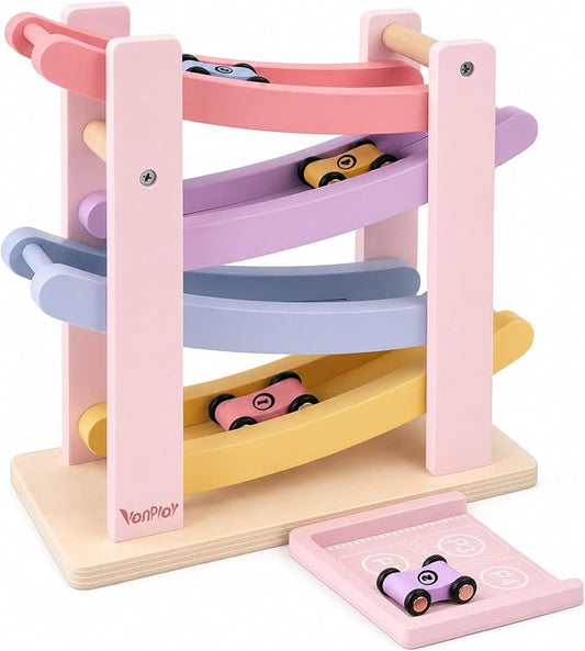 Vanplay Car Toys for 1 2 Year Old Girls Gifts, Car Ramp Toy for Toddler 1-3 | Pink & Purple Race Track Truck Toy, 4 Level & 4 Mini Cars, Fully Assembled, All Wood, One 1st Christmas Birthday Gift