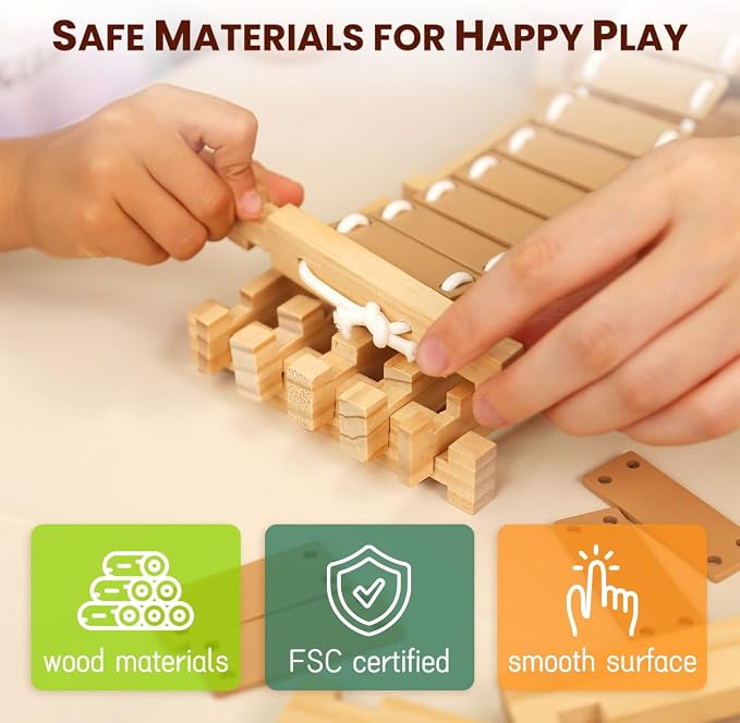 Jovi-Mindly & Notchies 96 PCS Wooden Building Blocks Toy Set for Kids Ages 4+ Boys Girls, Creative Construction Imaginative Cabin House with Storage Bag STEM Educational Learning Toy for Birthday Gift
