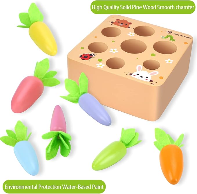 Montessori Toys for 2 3 Year Old Toddlers | Wooden Carrot Harvest Game | Kids Learning Educational Shape Sorting Toy for Toddler Boys and Girls, 18 Months Birthday Easter Gifts for Babies