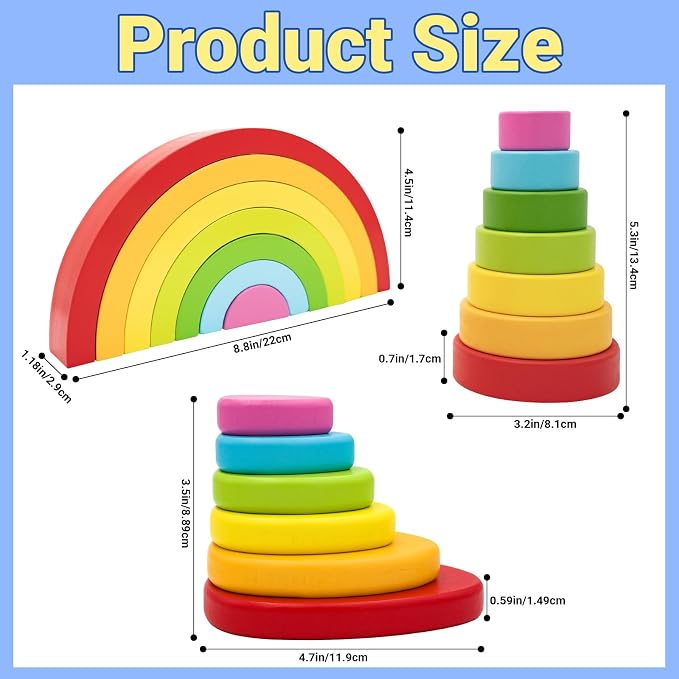 MEGRANATE Montessori Wooden Rainbow Stacking Toys for Kids Wood Building Blocks Nesting Puzzle Toy Colorful Stacker Arch Game Sensory Educational Learning Toys for 3+ Year Old Kids