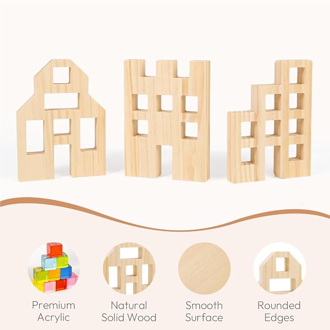 Woodtoe 36 PCS Rainbow Acrylic Gem Blocks, Wooden Blocks for Kids Ages 3-6 | Montessori Stacking Toy, Educational STEM Activity, Creative Construction Play, Includes 3 Wood House, Gift for Boys Girls