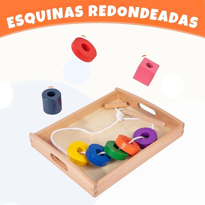 Adena Montessori Wooden Lacing Bead Set with Tray, 1-3y | 8 colorful geometric shapes with laces. Builds fine motor, pattern sequencing & hand-eye. Montessori. Gift 1-3y.