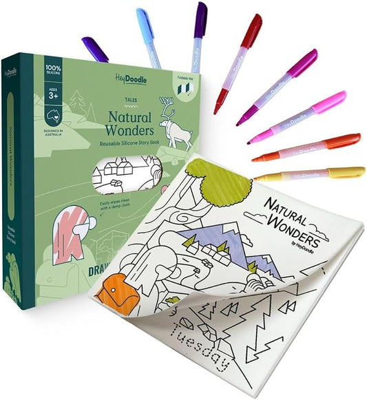 Natural Wonders Tales Foldout Book – Reusable Silicone Coloring Book for Toddlers and Kids Ages 3-7 – Educational Nature Activity Pad with 12 Markers – Mess-Free Travel Toy