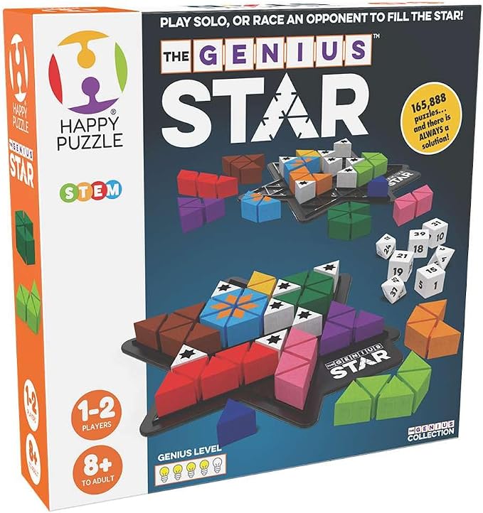 The Happy Puzzle Company The Genius Star | Toy of The Year Award Winning Family Board Game | 165,888 Possible Puzzles | Filling in Colored Shapes | Blockers to Complete A Star | Golden Star Twist