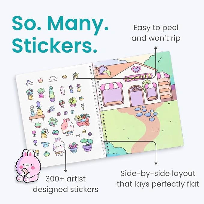 Cupkin Life of Cute Bunnies Coloring & Sticker Book | 300+ Stickers | Spiral-bound kids craft format with 8 scenes, 8 art pages, side-by-side viewing, and an easy-peel design for ages 2–8