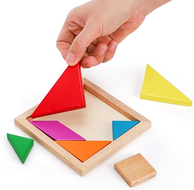 Yopay 6 Pack Wooden Tangrams Puzzles for Kids, 6 Styles Brain Teaser Hexagon Puzzle Block Geometric Shapes Jigsaw 3D Logic IQ Game