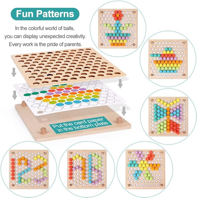 Montessori Toys for 3+ Year Olds – Wooden Preschool Learning Activity Board with 112 Beads, Fine Motor Skills Game for Toddlers, Color Sorting & Counting Math Toy, Educational Gift for Boys & Girls