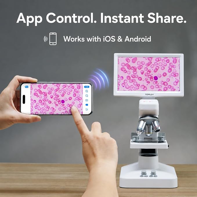 TOMLOV DM301 Pro Microscope for Kids Adults Students, 7" Screen Science Kit | TV/PC View, Camera & Video, Wireless APP Share, Dual LEDs, 1200X Biological Educational Scope with Slides, STEM Experiment
