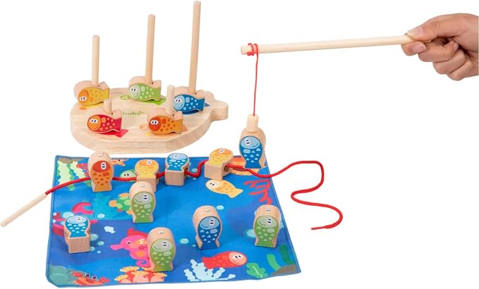 Montessori 4-in-1 Wooden Fish Stacking Toy for Toddlers 3-5, Magnetic Fishing Game—Lacing Beads, Fish Counting, Color Sorting, Balance Toys, Preschool Learning Set for Kids Boys & Girls