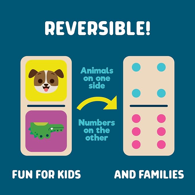 Chuckle & Roar Double-Sided Wooden Dominoes Set | 28-Piece Animal & Classic Pips Matching Game in Metal Storage Tin, Family Game Night Fun for Kids Ages 4+