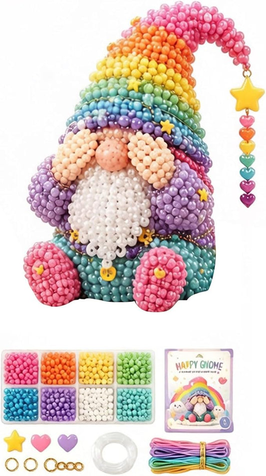 3D Beaded Gnome Craft Kit, 7.1in Non Slip Stable Structure Bead Threading Project Box, Handmade Gnome DIY Toy Set with Charms for Kids Ages 6 Plus Adults