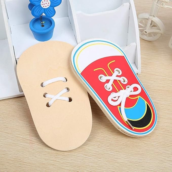 Red Wooden Shoe Tying Practice, Learn to Tie Your Own Shoes Threading Lacing Shoes Training Early Learning Kits, Threading Lacing Shoes Training Board Early Learning,Decorative Accessories