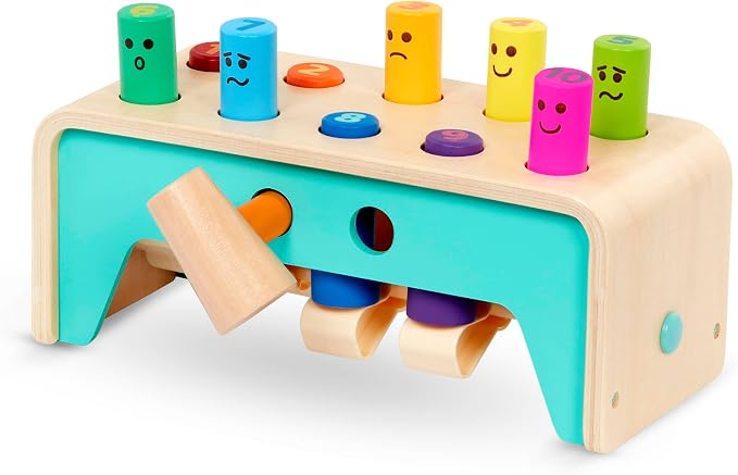 Battat Wooden Pounding Bench Toy with Mallet, Pound & Count Bench | Wooden pounding bench with 10 colorful pegs and 1 mallet for numbers, colors, and emotions; side mallet storage; 1+ Years
