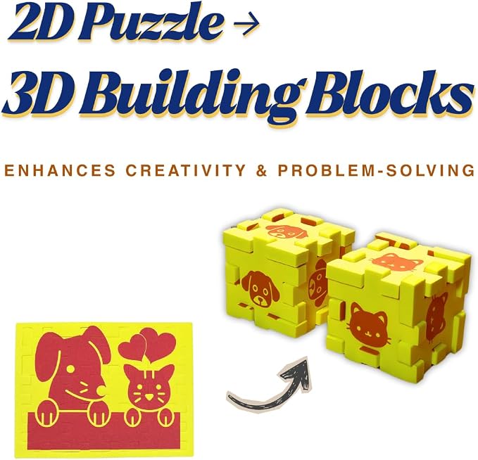 2D & 3D Foam Puzzle for Kids Ages 3+, Dog & Cat Animal Travel Toy for Airplanes & Road Trips, Quiet Screen-Free Busy Bag Activity, Montessori STEM Fine-Motor Learning Toy – Yellow