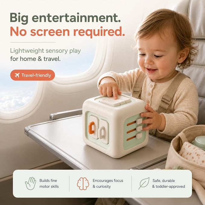 SmartMotion Cube for Toddlers 1-3 Years. Montessory Inspired - Sensory Fine Motor Skills Toy with Switches, Dials & Sliders - Quiet Travel Activity Toy - Birthday Gift for Boys & Girls.