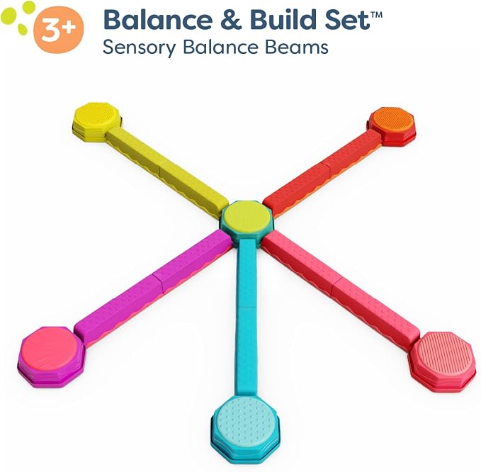 B. toys Balance Beam Set, 10 Beams & 6 Sensory Stepping Stones, Rainbow | Balance & Build Set in rainbow colors with 16 interlocking pieces, 10 beams and 6 sensory stepping stones, Summer, 3+ Years