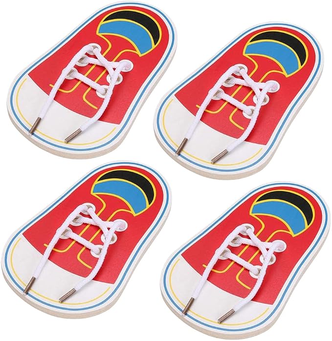 Jinshining 4 Pcs Shoes Learning Toy Kits Learn to Tie Your Own for Kids Practical Learning Toys for Young Children Training Board Kids Toddler Early Wooden Threading Lacing Shoes Craft Kits