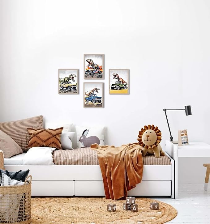 Dinosaur Wall Art Funny Dinosaur Room Poster 8x10 Inch | Vintage Car Pictures Cool Dino Prints Nursery Bathroom Artwork 4Pcs