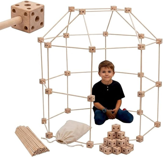 Little Genius Wooden Fort Building Kit for Kids – 68 PCS Beech Wood Fort Builder | Fort Building Kit for Kids 4-8 & 8-12 | STEM Indoor Fort Kit | Build a Fort | Includes Storage Bag & Assembly Book