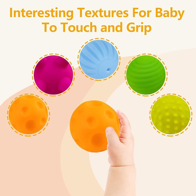 Sensory Balls for Toddlers 1-3, 6PCS Textured Sensory Toys | BPA-Free, Soft Squeeze, Multicolor Sensory Teething Ball, Fine & Gross Motor Skills, Baby Birthday Gift Toys