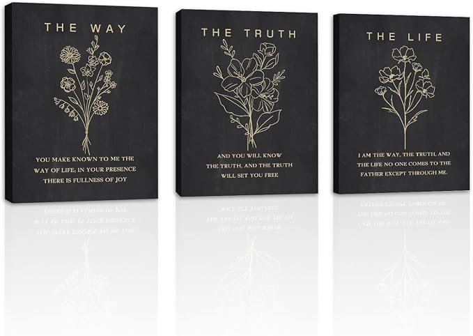 HOURIA Framed Boho Floral Christian Bible Verse Canvas Wall Art Set,12”*16”Inch The Way The Truth The Life Scriptures Poster Black Minimalist Botanical Flower Bible Wall Decor for Living Room Bedroom