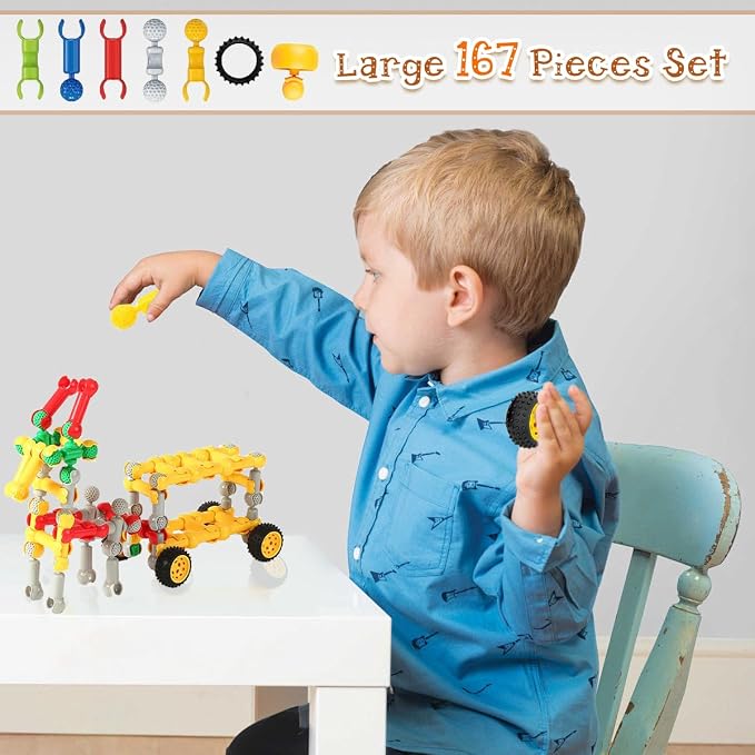 KUTOI Stem Building Blocks Set - 167 Pcs With Wheels - Ideal for 5 Year Old Boys and Girls - Educational and Creative Building Games