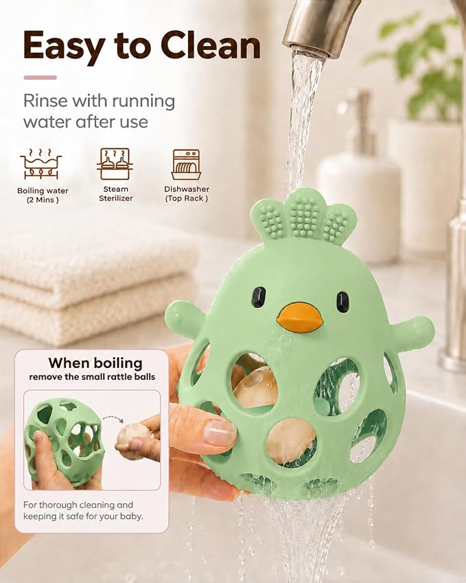 Tinabless 2-in-1 Baby Teether Rattle Toy, Easy Grip Silicone Teething Toy for Babies 3-12 Months, BPA-Free Sensory Chew Toy for Sore Gums, Infant Shower Gift (Green w/Rattle)