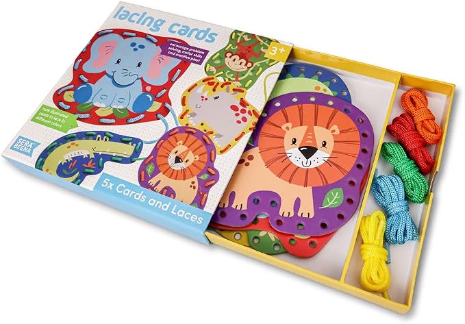 Serabeena Lacing Cards for Kids Ages 3-5 - Safari Animals | 5 Cards | Screen-Free Safari Lacing Cards Ages 3-5 - 5 Animals, 5 Laces & Storage Box - Hand-Eye Coordination Toy