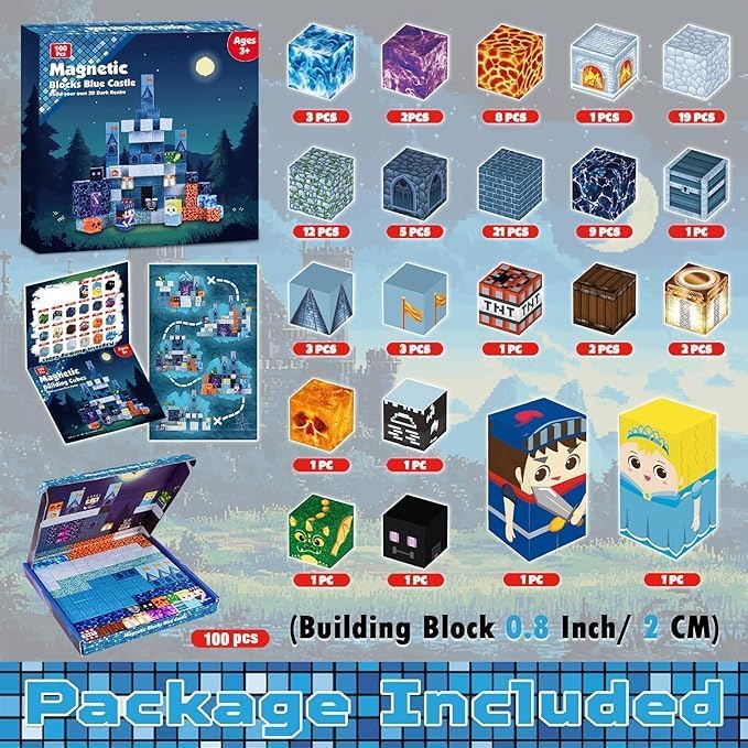 Magnetic Building Blocks Magnetic Building Tiles Toys for Boys Girls Age 3+, Creative Plastic MagnetSquare Gift for Kids Blue Castle 100pcs