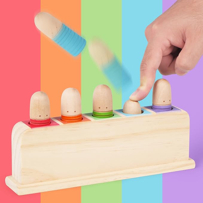 Wooden Pop Up Puppets|Wooden Cause and Effect Toys for Boys & Girls, Montessori Color Matching Toys,Special Festival Gift for Kids 2 3 4 (Rainbow)