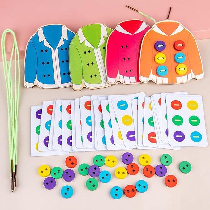 kowaku Wooden Clothes Board Toys Threading Lacing Sewing Toys, Early Educational Teaching Aids for Children Kids