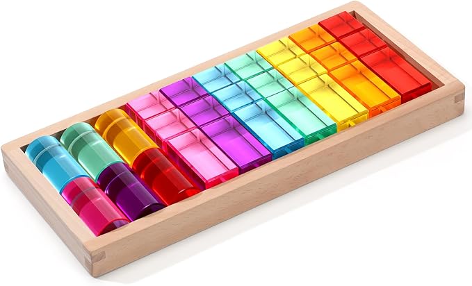 27 Pcs Acrylic Wooden Gem Blocks Sparkling Translucent Cubes Stacking Toys Wooden Cubes Blocks with Colorful Acrylic Open Ended Play Montessori Educational Toys (Square)