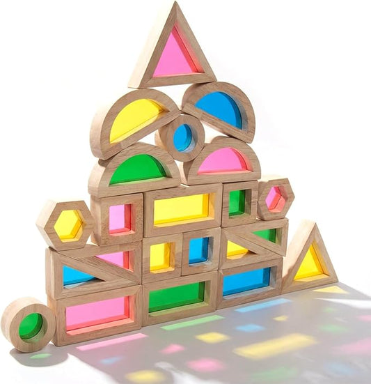 WOODENFUN Wooden Building Blocks Set for Kids, 22 Pcs Rainbow Stacker Game | Stacking Construction Toys Set Preschool Colorful Learning Educational Toys, Geometry Blocks for Boys Girls Birthday Gift