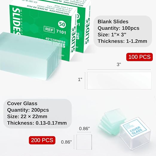 ZEEGOO Microscope Slides and Covers, 100 Glass Slides + 200 Coverslips | Pre-Cleaned, Safe Ground Edges, 45°Corners, High Clarity, Easy to Use, Fits Most Microscopes, For Students, Beginners, Class