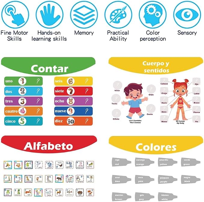 Spanish Busy Book for Toddlers, Montessori Preschool Learning Activities, 14 Bilingual Themes (English/Spanish) – Quiet Book for Kids, Educational Travel Toys