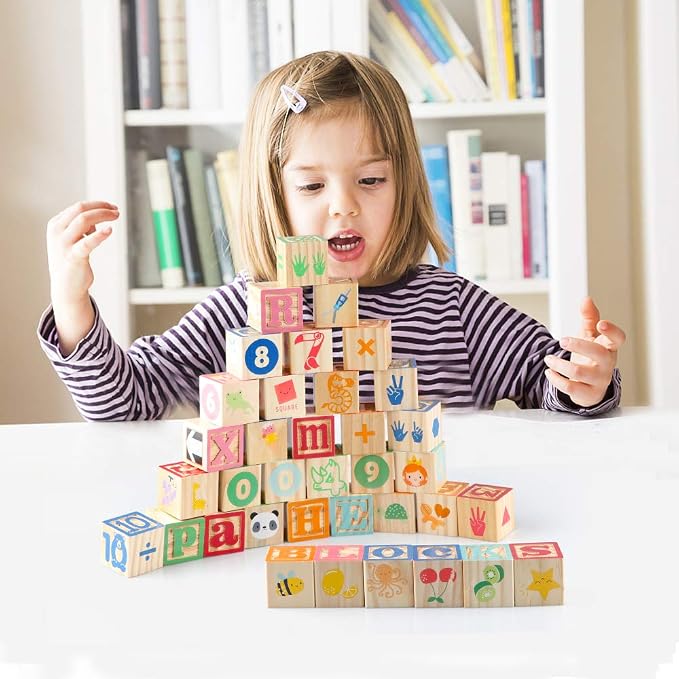 Wooden ABC Toy Building Blocks for Toddlers 1-3 36 PCS Wood Alphabet Number Blocks for Stacking Learning Preschool Educational Montessori Sensory Toys for Kids Boys Girls Gifts 1.7"