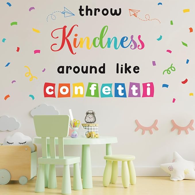 LHIUEM Inspirational Wall Decals Throw Kindness Around Like Confetti Bulletin Board Kits Peel and Stick Wall Decor Welcome Back to School Wall Stickers for Kids Elementary Classroom Kindergarten Sets