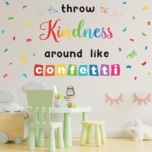 LHIUEM Inspirational Wall Decals Throw Kindness Around Like Confetti Bulletin Board Kits Peel and Stick Wall Decor Welcome Back to School Wall Stickers for Kids Elementary Classroom Kindergarten Sets