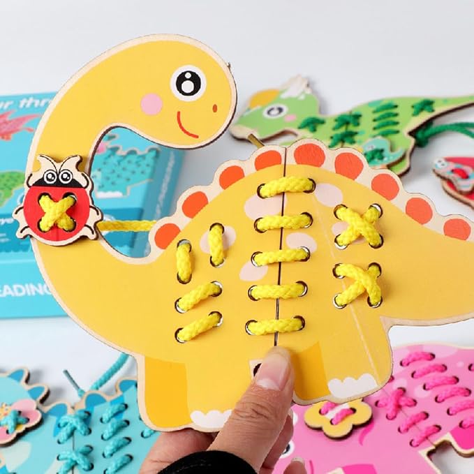 Wooden Dinosaur Threading Toy, Lacing String Beading Game | Montessori Threading Board, Fine Motor Skills Toy