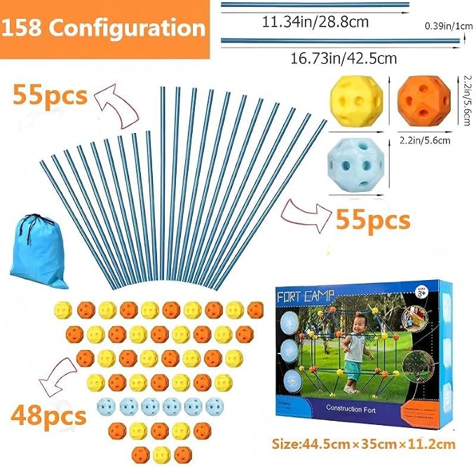 Fort Building Kit, 158 Pieces Construction STEM Toy Set, Indoor Outdoor Building Blocks with 55 Rods and 48 Balls, Kids DIY Play Fort Ages 3-12