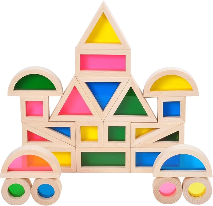 Wooden Building Blocks Set with Color Windows, 24-Piece Toddler Toy | Translucent color windows support stacking, light play, shape sorting, and Montessori-style learning.