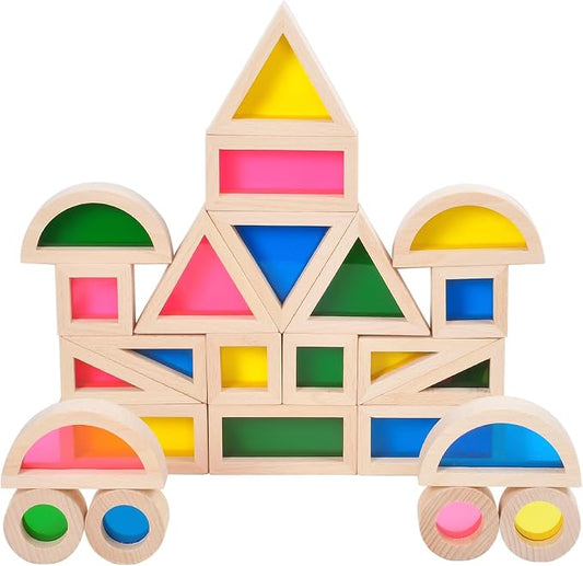 Wooden Building Blocks Set with Color Windows, 24-Piece Toddler Toy | Translucent color windows support stacking, light play, shape sorting, and Montessori-style learning.