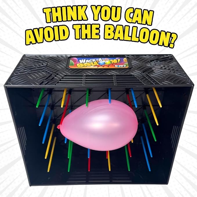 Wack A Balloon Party Edition Pop Game for Kids & Adults, Family Fun | 400 balloons, 200 nails, 4 hammers, 28 challenge cards, spinner, inflator, reusable ties, ages 4+