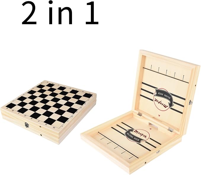 moopok Fast Sling Puck Game - 2 in1 Chess Board and Desktop Battle Super Winner Game,Fast Action Wooden Air Hockey Board Game,Adults and Kids Family Friend Funny Slingshot Game Toys