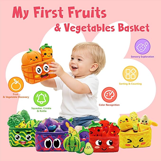 Play Food for Toddlers 1-3, Plush My First Fruit Vegetables Basket Color Sorting Rattle, Squeaker & Crinkle Play Food Set for Kitchen Baby Sensory Toys Easter Basket Stuffers Birthday Gifts 20PCS