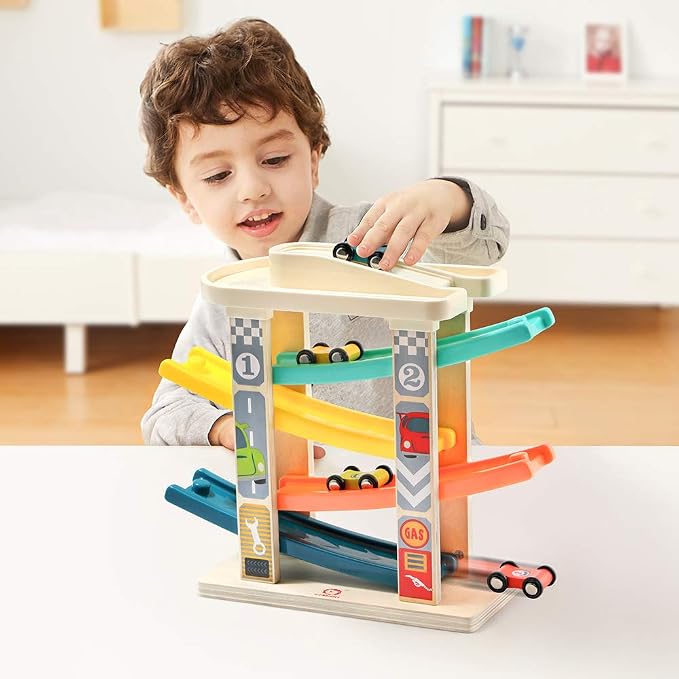 TOP BRIGHT Toddler Toys for 2 Year Old Boy, Wooden Car Ramp Race Track Set | Car Toys for Toddlers 1-3 with Cars and a Garage, Montessori Toys for 12 Year Old Boy Girl,Birthday Gift for Age 18+ Month