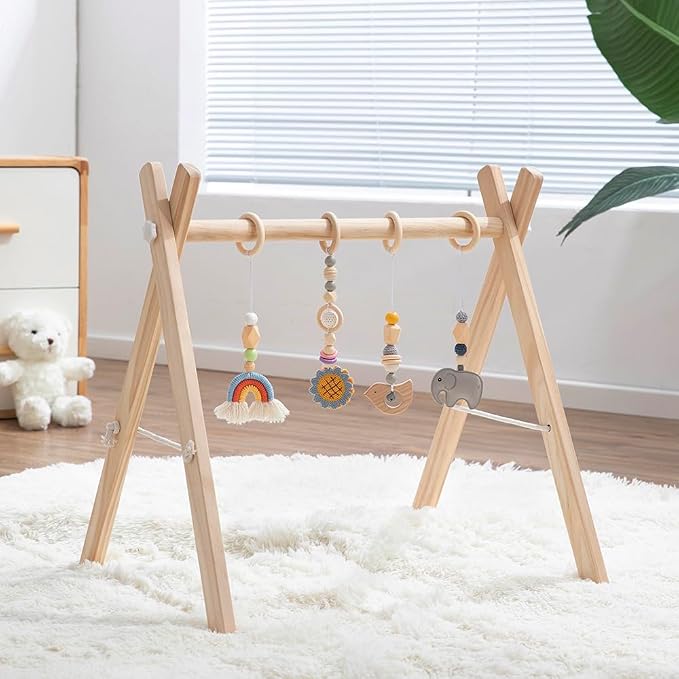 Wooden Baby Play Gym, Foldable Baby Activity Gym Frame with 4 Hanging Sensory Toys, Montessori Newborn Tummy Time Play Gym, Natural Wood Baby Gym for Infant Nursery Decor, Baby Shower Gift | 4 Sensory Hanging Toys, Montessori, Infant Activity Frame, 0-...