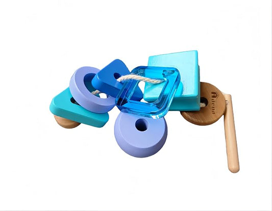 Adena Montessori Wooden Stringing Beads Set, Blue, 1-3y | Safe wood, 25+ beads with string. Lacing builds fine motor, hand-eye & patience. Montessori learning. Gift 1-3y.
